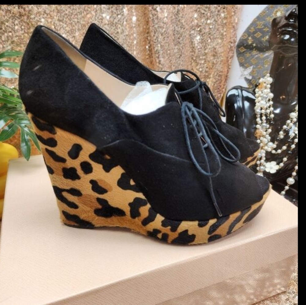 Authentic NIB Prada Leopard Peep Toe Wedge Heel